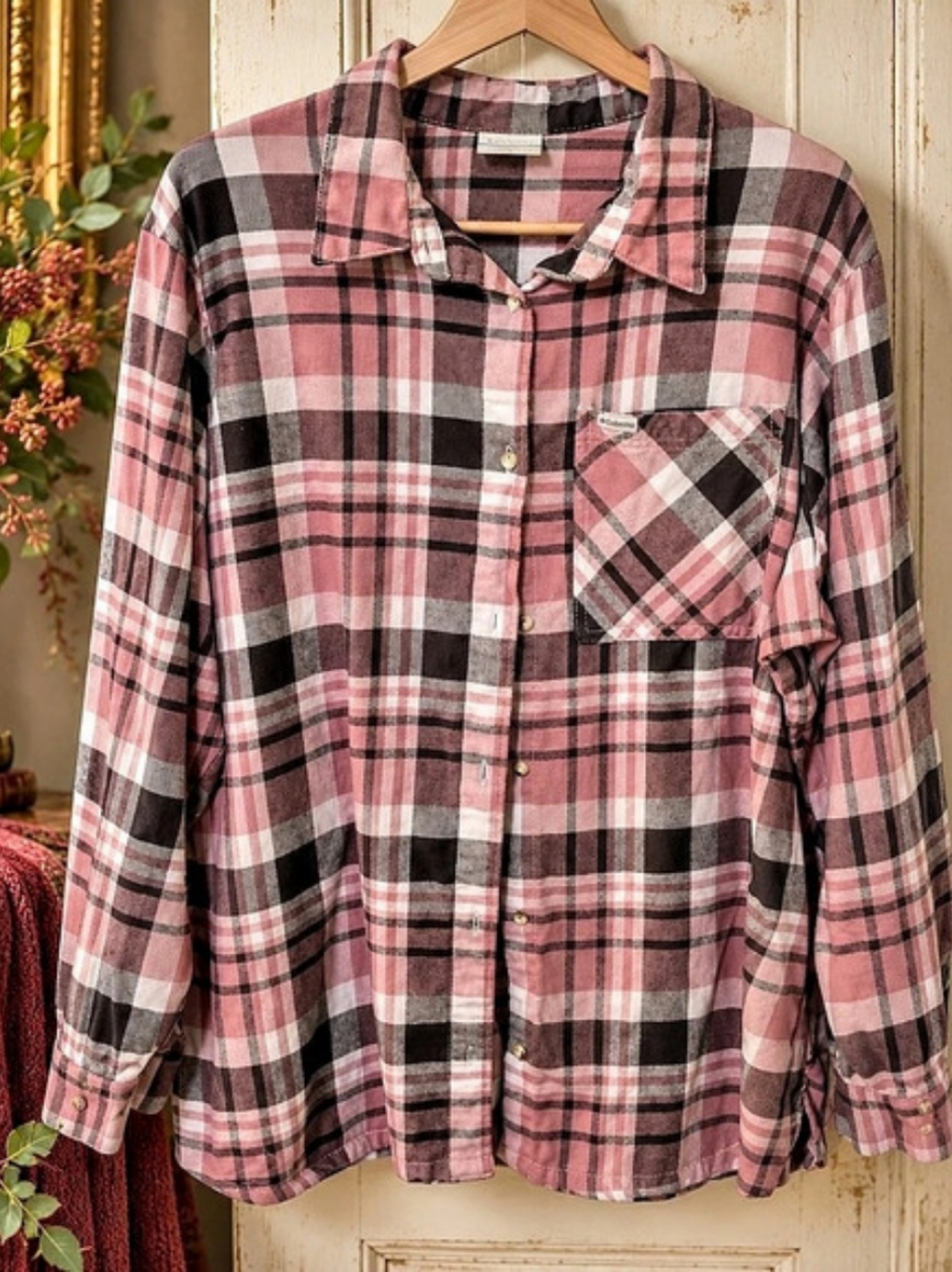 Columbia 3X Pink Plaid Cotton Flannel Shirt Plus Size 28” PTP